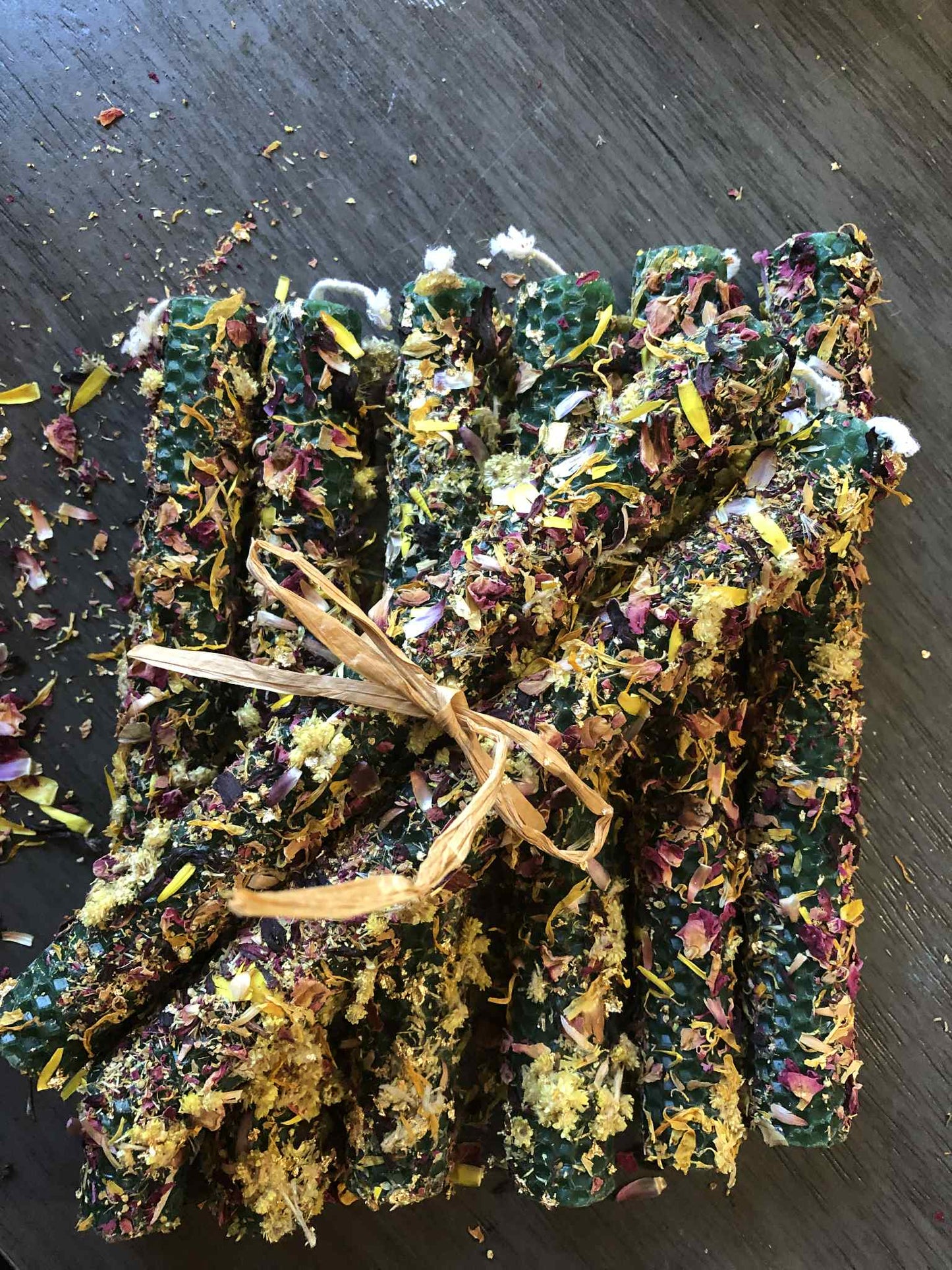 Hand Rolled Beeswax Tapers with Herbs, Florals and Intentions