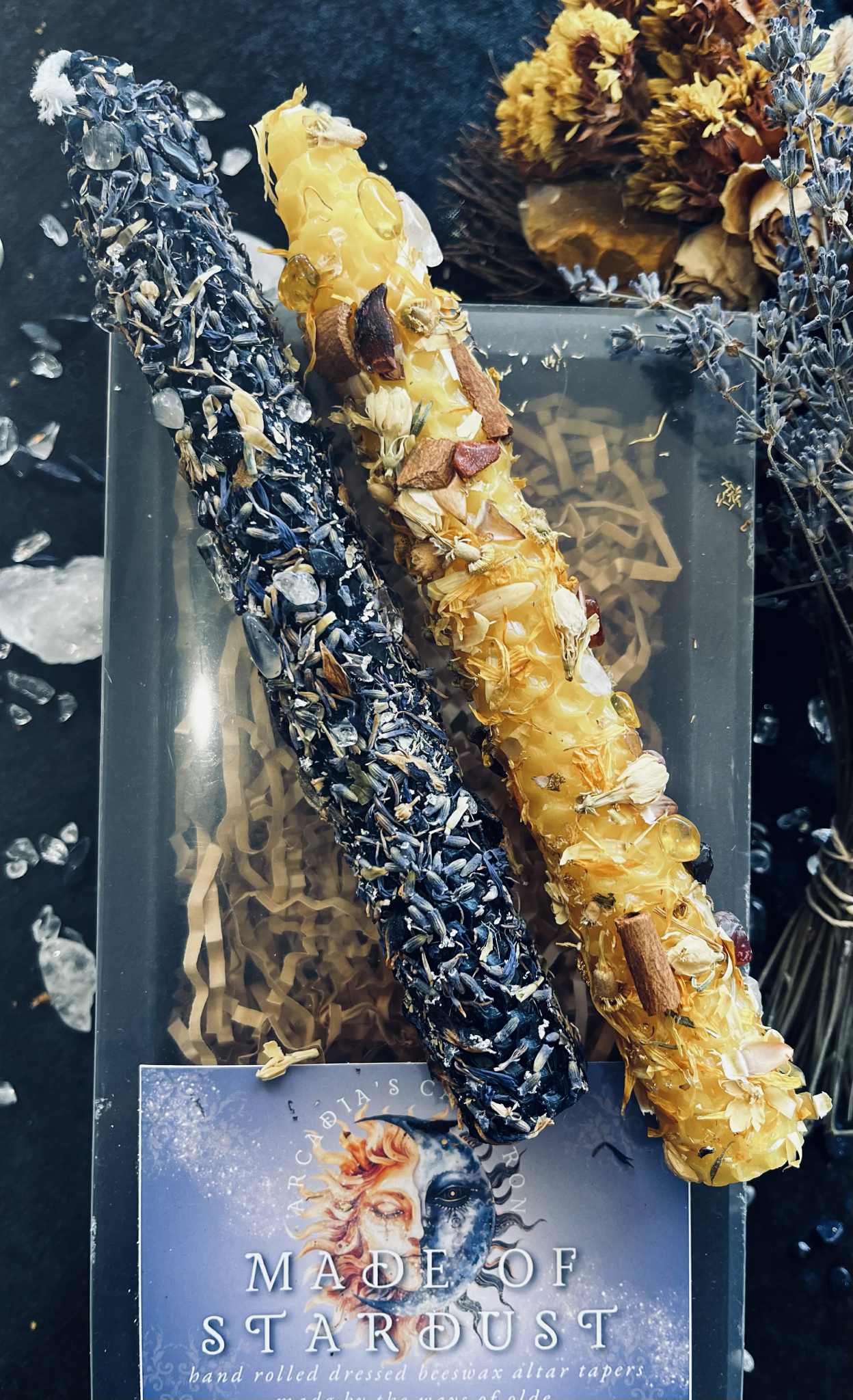 Hand Rolled Beeswax Tapers with Herbs, Florals and Intentions