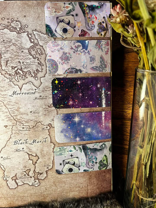 Top to bottom: Lavender Witch Hat, Baby Pink/Purple with Witchy Familiars, Purple Trio Galaxy, Lavender Witch Hat with Bright Green